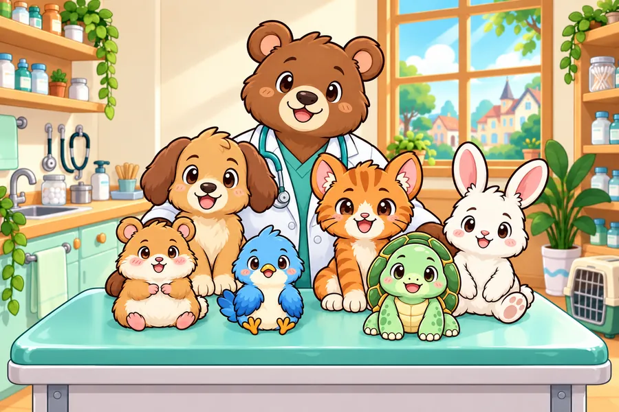 あかるい動物病院で、くまのお医者さんが待合室の動物たちを順番にみている