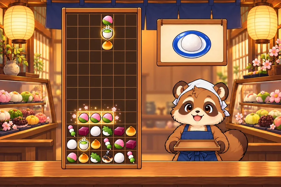 和菓子屋さんの店内で、木のトレイに桜もちや大福がならび、上から和菓子3つのたて1列が落ちてくる。となりで見習いのたぬきがお盆を持っている