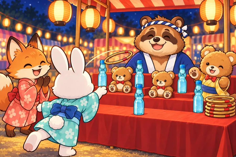 ちょうちんの明かりの下、どうぶつの子どもたちがわなげをしている夏祭りの屋台