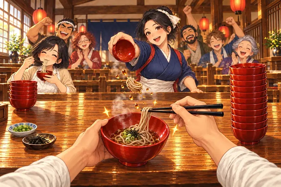 そば処のテーブルを見下ろしたゲーム画面。奥で給仕さんが小さなおわんをかたむけ、ひと口分のそばが弧をえがいて手前のおわんへ飛んでくる。手前では自分の手が箸でそばを持ち上げ、右には食べ終えたおわんが高く積み上がっている