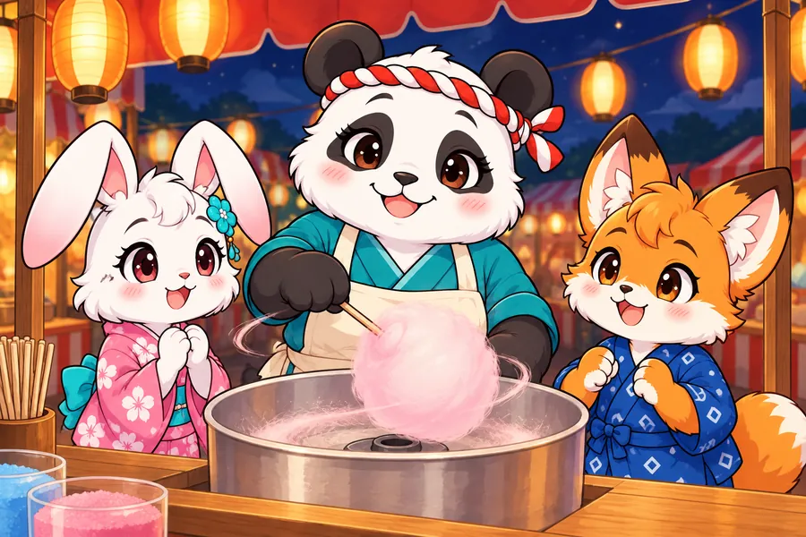 夏祭りの屋台で、パンダのおばさんがくるくるわたあめを作り、子どもたちが見ている