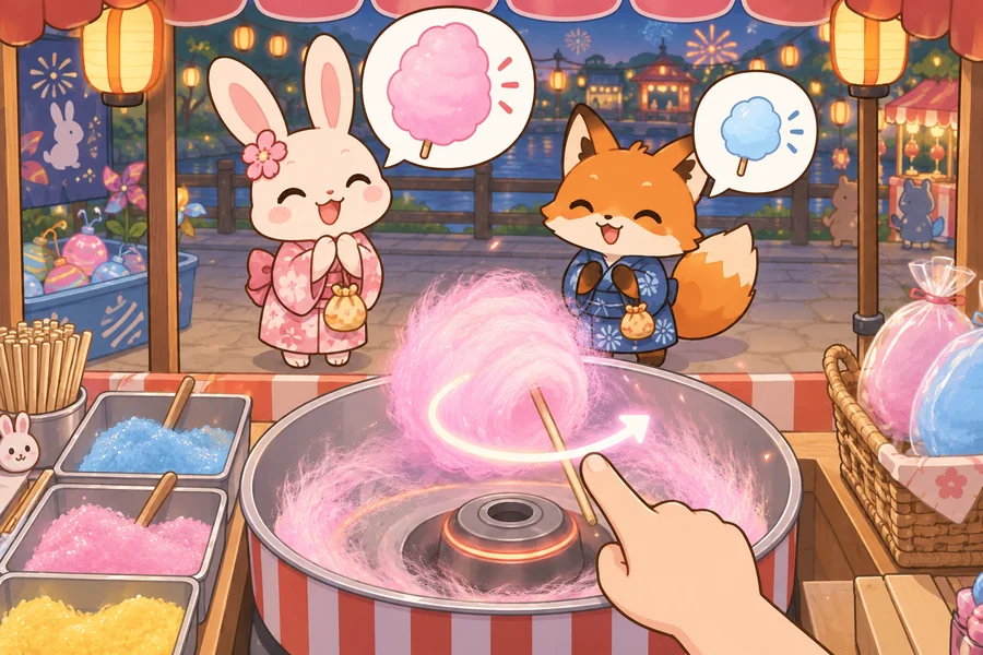 夏祭りの屋台で、パンダのおばさんがくるくるわたあめを作り、子どもたちが見ている