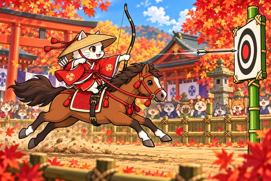 紅葉の神社の馬場で、ねこの武者が走りながら的を射る