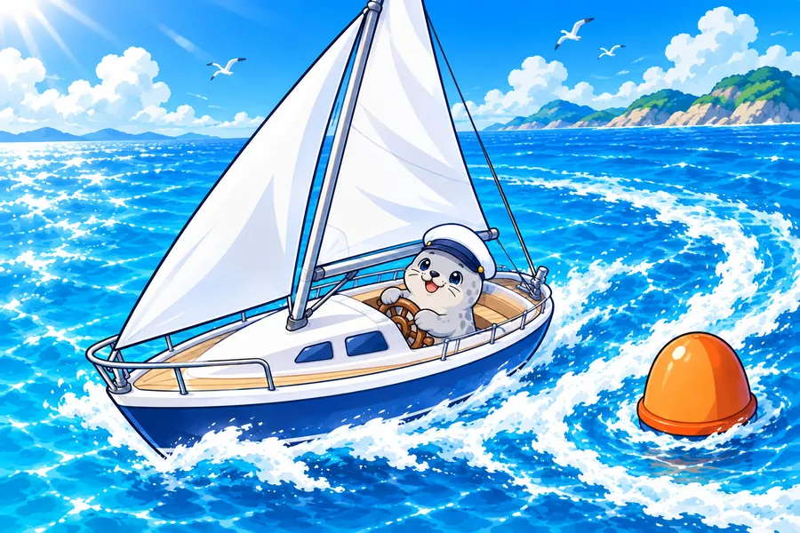 夏の海で、アザラシの船長のヨットが帆をはってブイを回っている