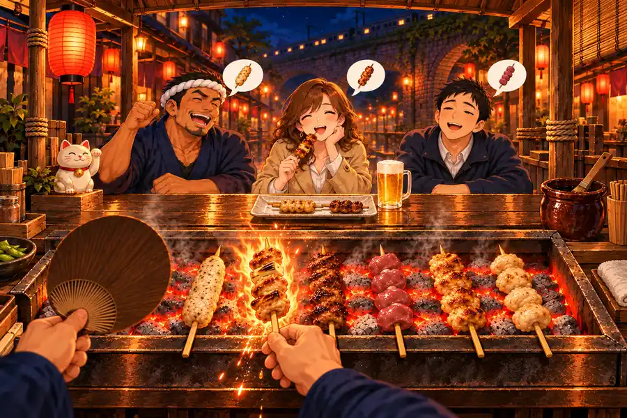 焼き手の側から見た夜の屋台の焼き台。備長炭の上に焼き鳥の串がたて向きにならび、ひとつの串の下で脂が落ちて炎が上がっている。右手がねぎまの持ち手をつまんで裏返し、カウンターの向こうではお客さんが焼き鳥を手に笑っている