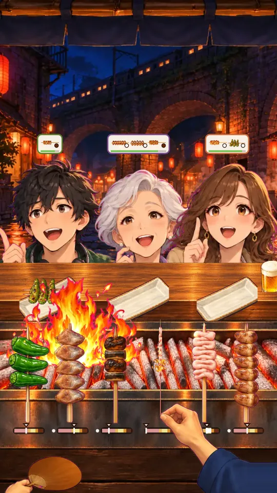 スマホの縦画面。奥のカウンターに常連さんと注文の吹き出し、手前の焼き台に串がならび、脂の炎が上がっている。串の下に焼け具合のゲージ、右手が串をつまんで裏返している