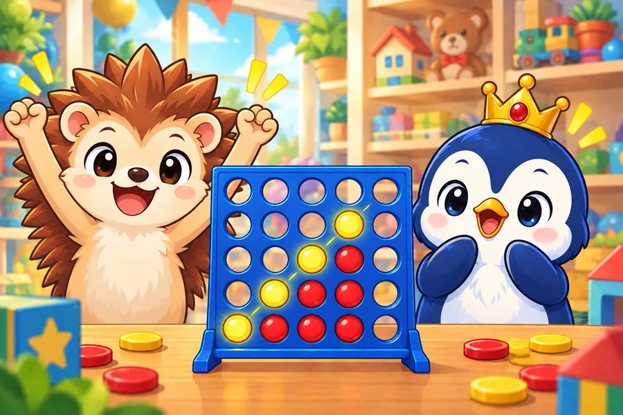たての盤に黄色いコマがななめに4つならび、ハリネズミの子がバンザイ、ペンギンのチャンピオンがおどろいている