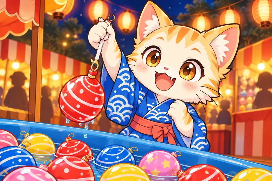 ちょうちんの明かりの下、ゆかたのネコの子が水そうからヨーヨーをつり上げてよろこんでいる