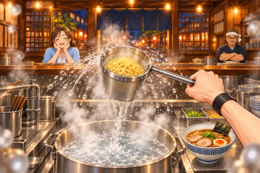 一人称のゲーム画面。湯気の立つラーメン屋の厨房で、右手がてぼを振り下ろし、ゆでたての麺から水しぶきが大きな弧をえがいて飛び散っている。下には煮立つ寸胴鍋、右に具をのせた醤油ラーメン、カウンターの向こうに笑顔のお客さんと腕を組んだ店主