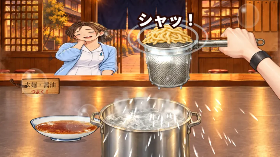 横画面。夕方のラーメン屋で、太麺の入ったてぼを振り下ろした瞬間。鍋のまわりに水しぶきが飛び、左にお客さんと注文の木札、手前にどんぶり