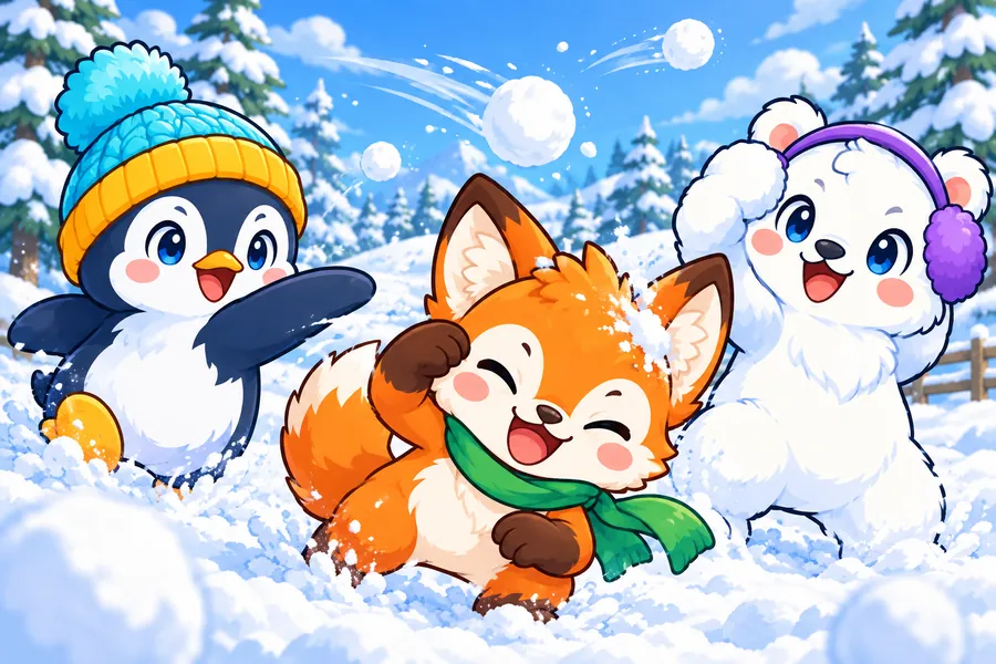 雪原で雪玉が飛びかい、どうぶつの子どもたちが笑いながら雪合戦をしている