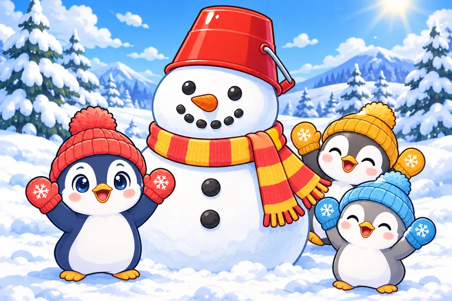 雪原に赤いバケツとマフラーの大きな雪だるまが完成し、ペンギンの子と友だちがバンザイしている