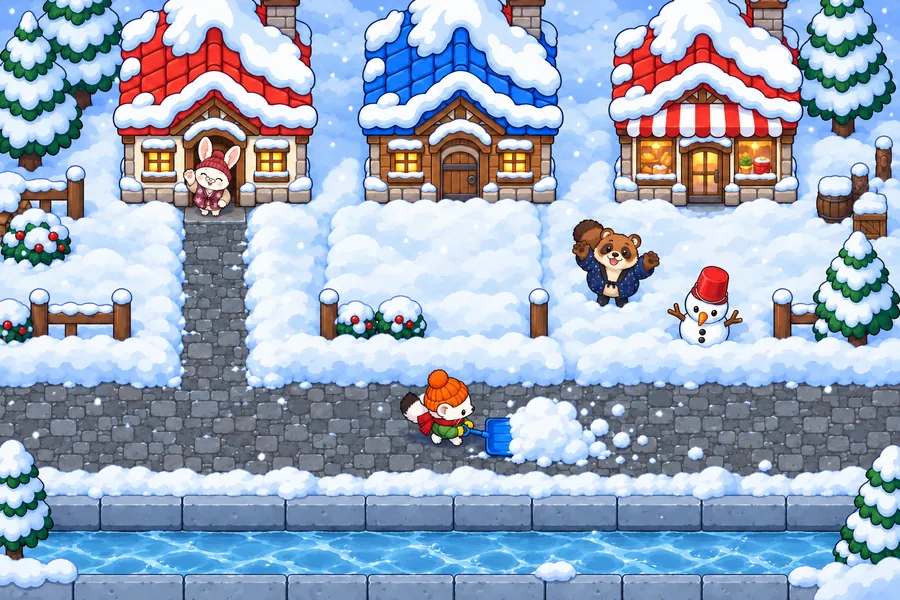 雪にうもれた住宅街を上から見た画面。オコジョのコユキがスコップで雪のかたまりをおし、玄関から道路まで石だたみの道があいて、うさぎのおばあちゃんが手をふっている