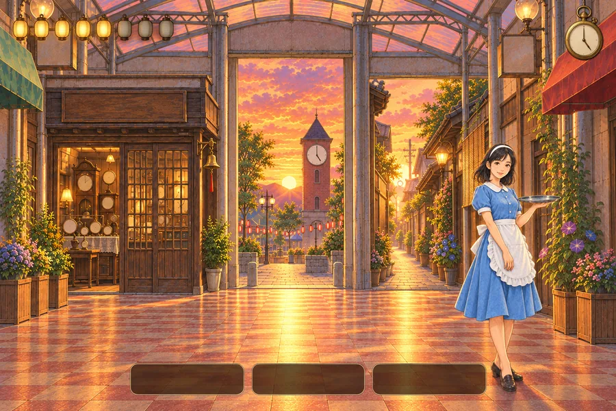 夕焼けの商店街の終点を一人称で見たゲーム画面。左に古い時計店、正面に出口と時計台、右に細い路地があり、下に選択ボタンが並んでいる