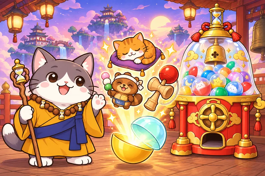 雲の上の時のお寺で、つりがね形の前世ガチャの横にねこのお坊さんが立ち、光るカプセルから昼寝する猫・だんご屋のたぬき・けん玉が飛び出している