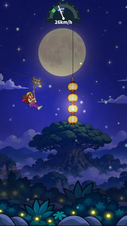スマホの縦画面。月夜の森で、サングラスのマダムがトロリーにぶら下がってワイヤーを滑り、その先にあかりのともったちょうちんの行列がぶら下がっている。上にスピードメーター