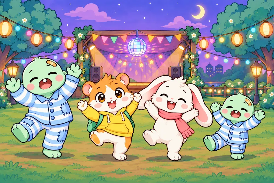 夜の公園のステージのまわりで、ハムスターとうさぎの子どもが、ミントグリーンのゆるいゾンビたちといっしょにおどっている